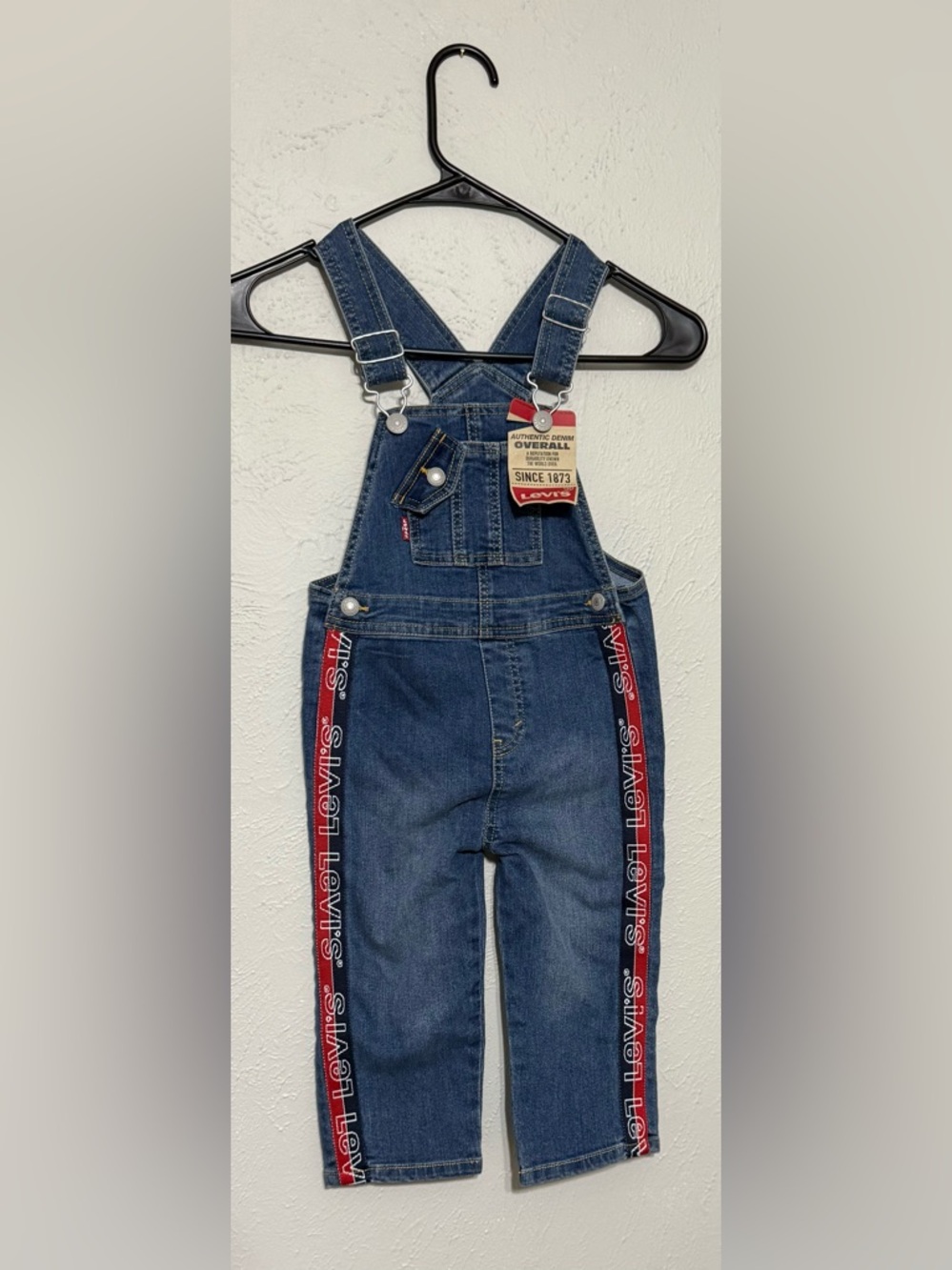 Levi's Blue Denim Overalls with Red & Black Logo Trim